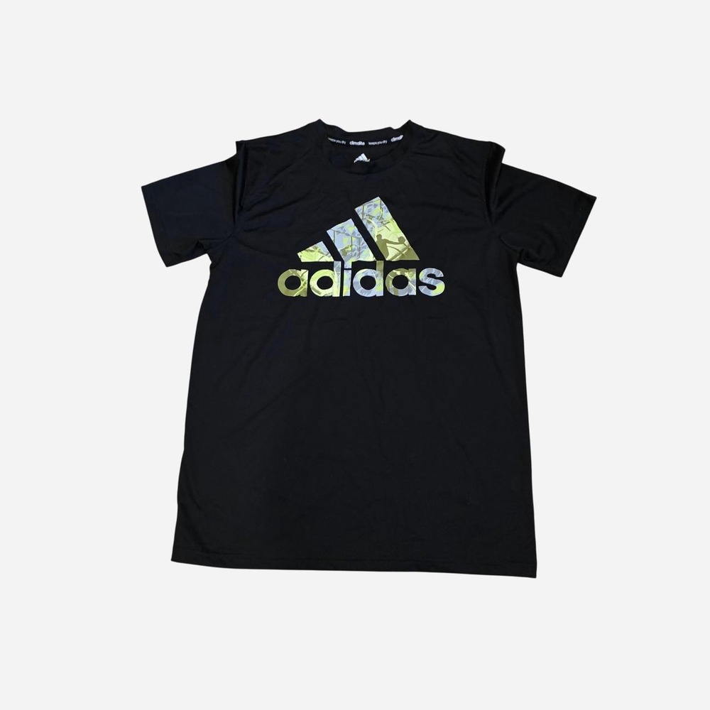 Adidas black polyester t-shirt with multicolored logo, size XL